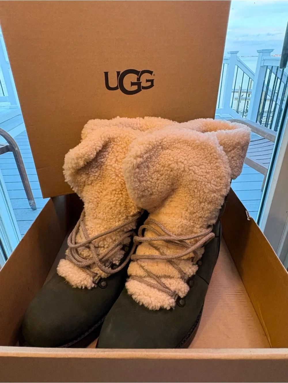UGG Shearling-Lined Lace-Up Winter Boots - Cream & Olive Green